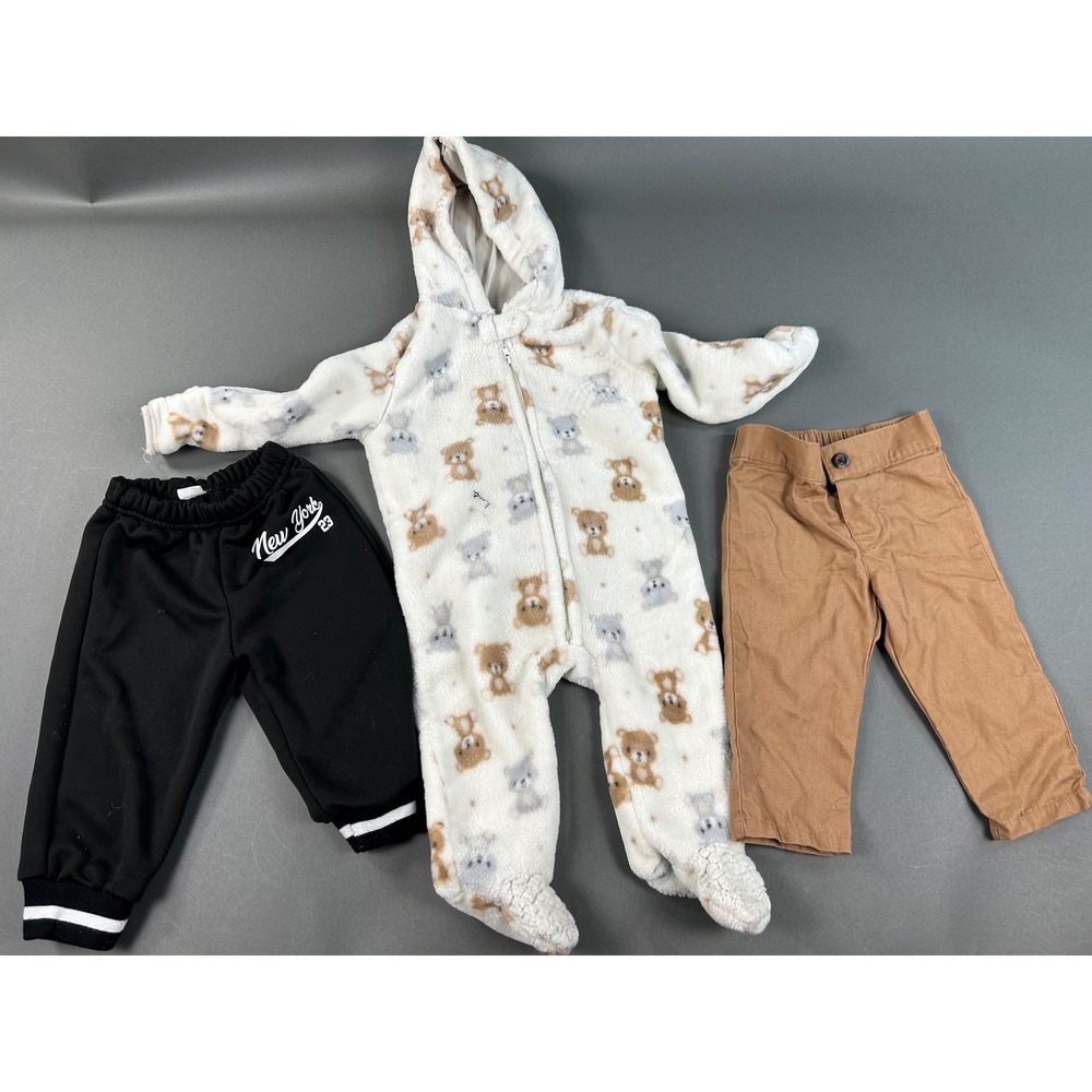 Baby Gear Boys 3pc Set 6-9M Teddy Bear‎ Fleece Footie Joggers Chinos Multicolor